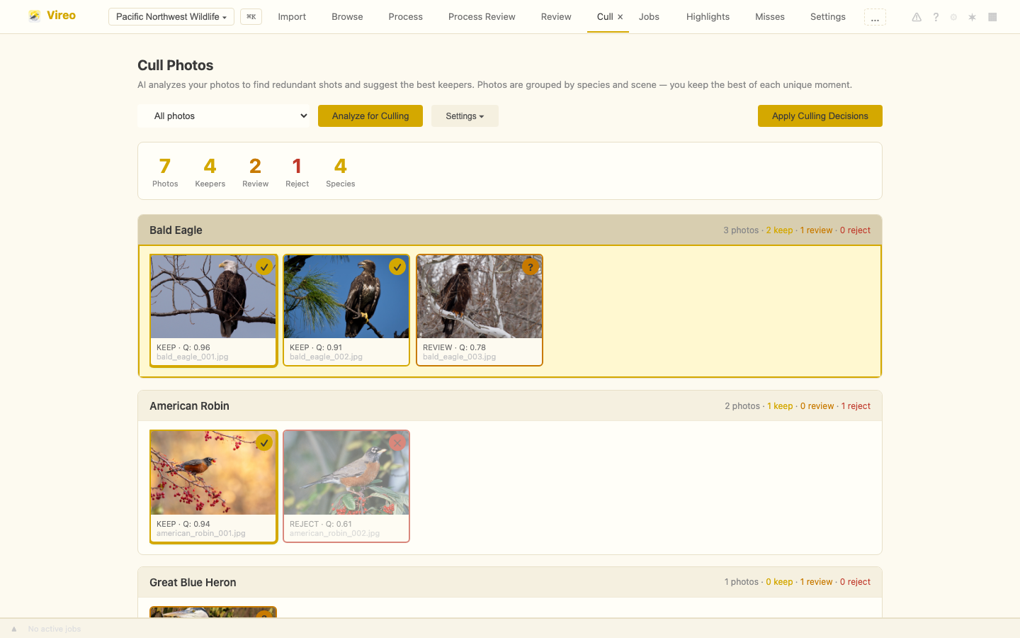 Vireo culling interface comparing wildlife photos with subject-aware quality scores