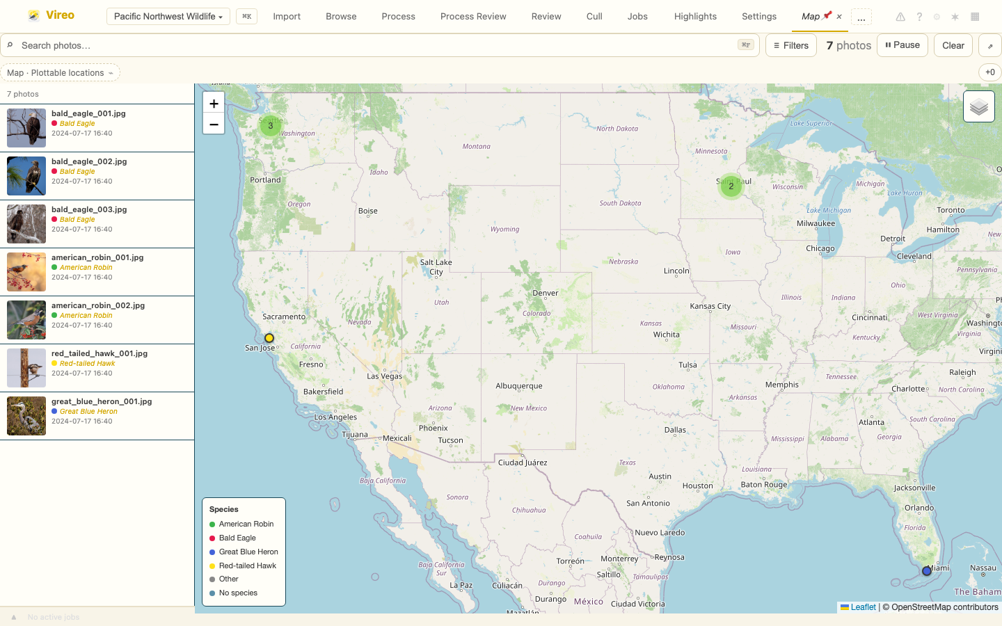 Interactive map view with photo clusters and location markers